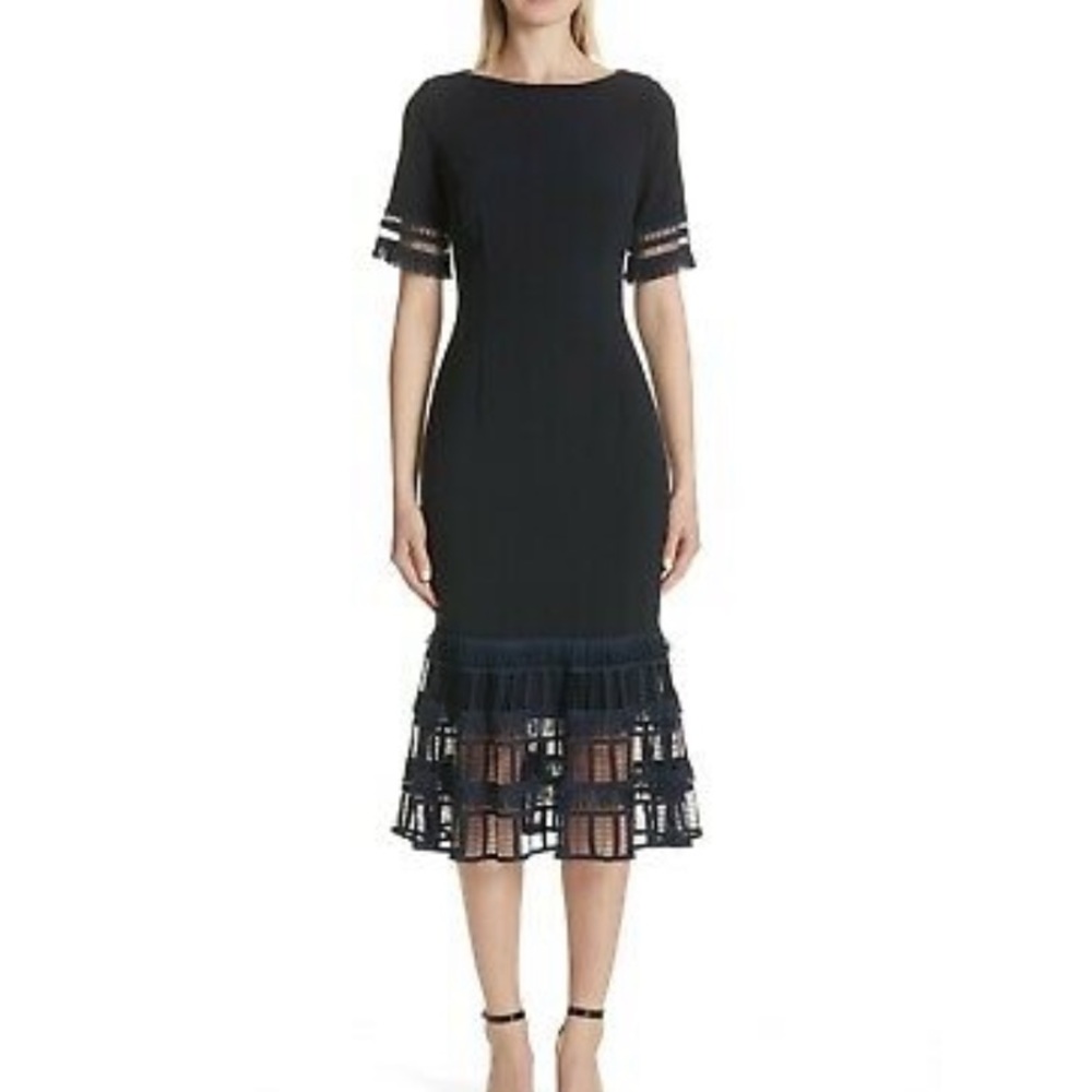 Lela Rose Stretch Canvas Fringe Flounce Hem Dress In Navy